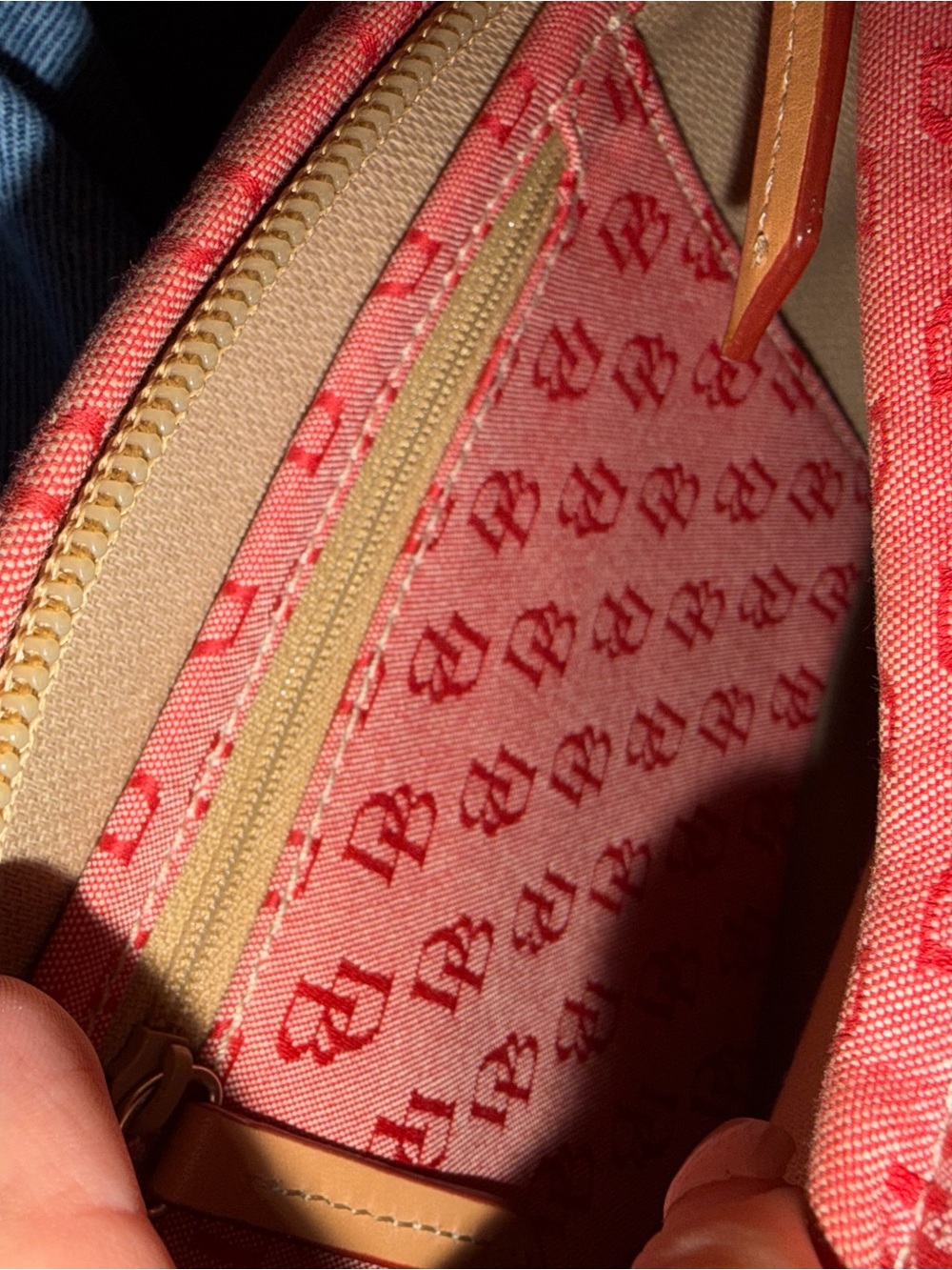 Dooney & Bourke Red Patterned Shoulder Bag with Tan Strap - Picture 4 of 7
